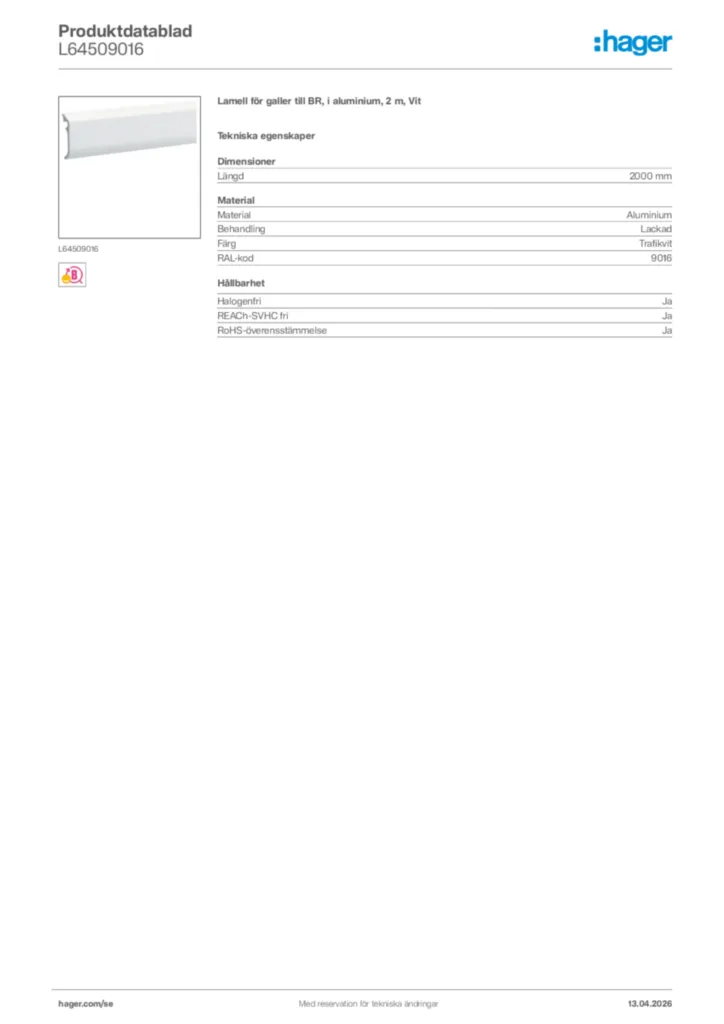 Bild Hager Produktdatablad L64509016 | Hager Sverige