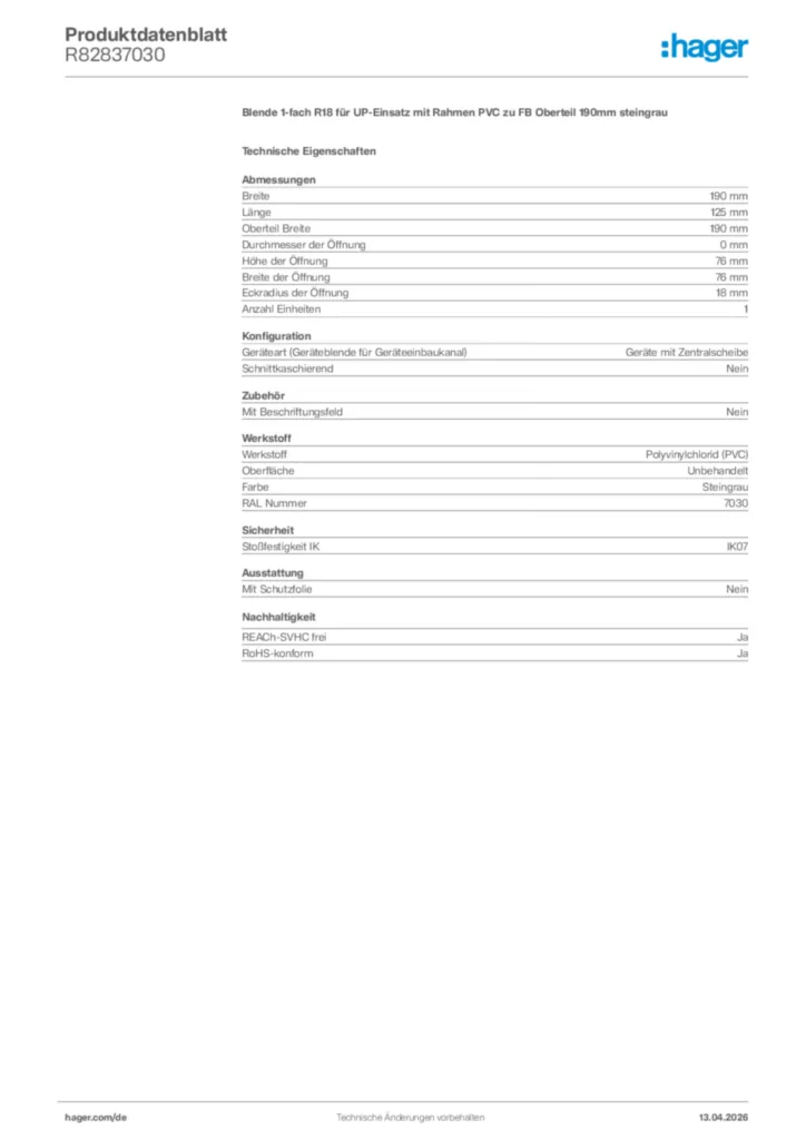 Bild Hager Produktdatenblatt R82837030 | Hager Deutschland