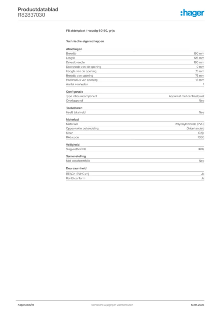 Afbeelding Hager Productdatablad R82837030 | Hager Nederland