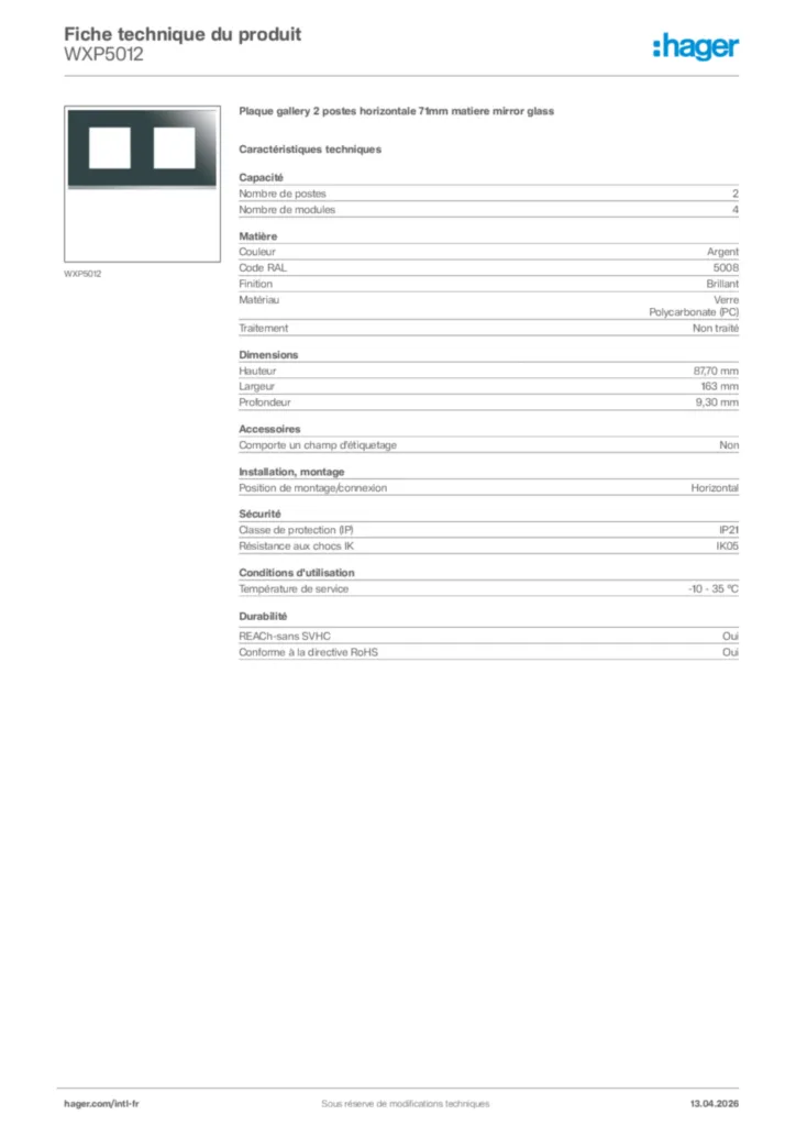 Image Hager Fiche technique du produit WXP5012 | Hager Afrique