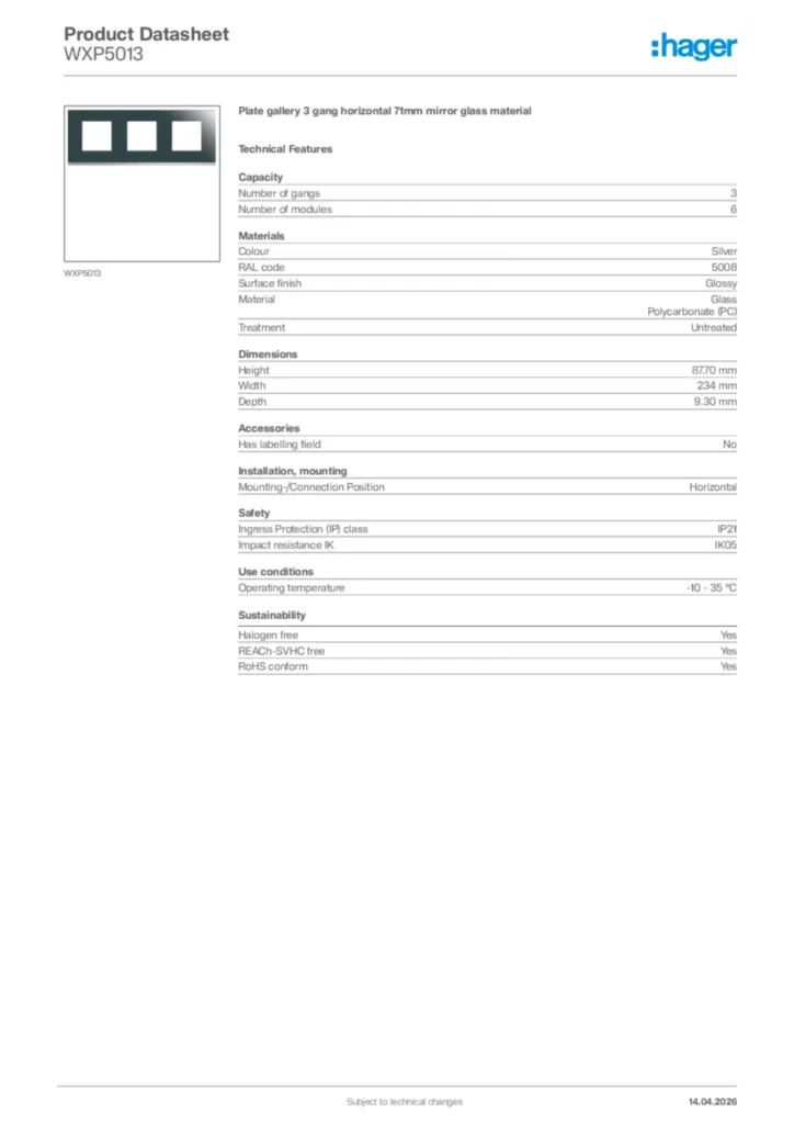 Image Hager Product data sheet WXP5013  | Hager Africa