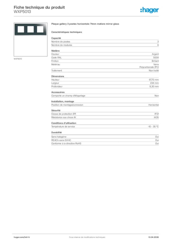 Image Hager Fiche technique du produit WXP5013 | Hager Afrique