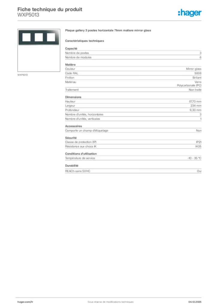 Image Hager Fiche technique du produit WXP5013 | Hager France