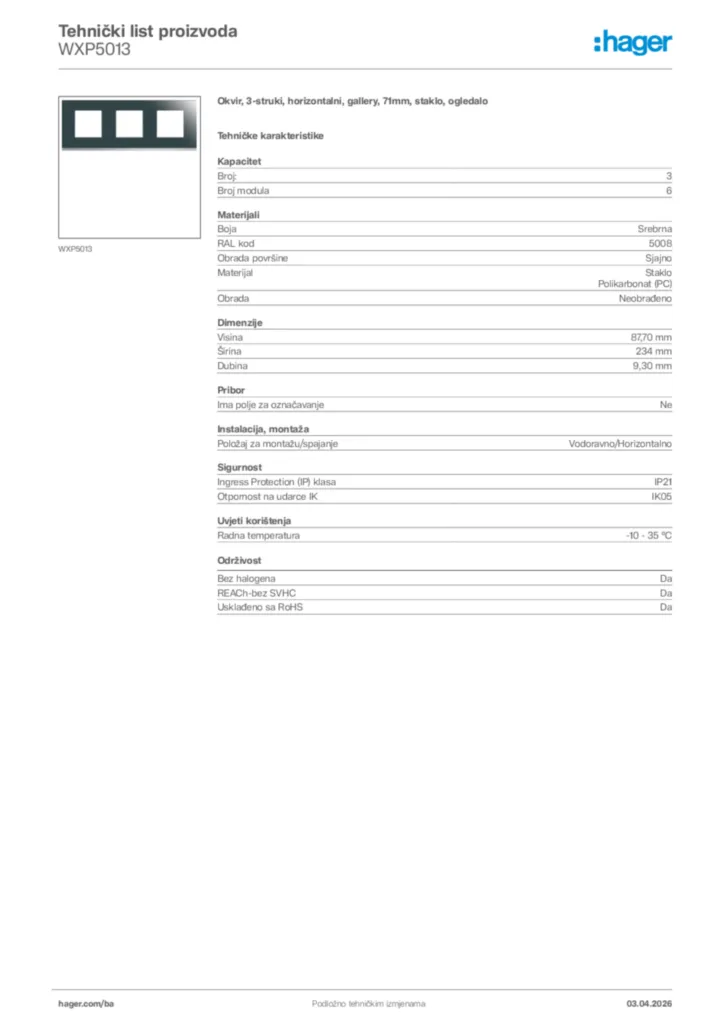Slika Hager Tehnički list proizvoda WXP5013  | Hager