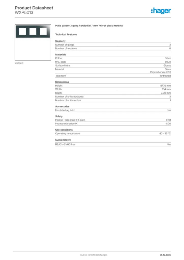 Image Hager Product data sheet WXP5013  | Hager