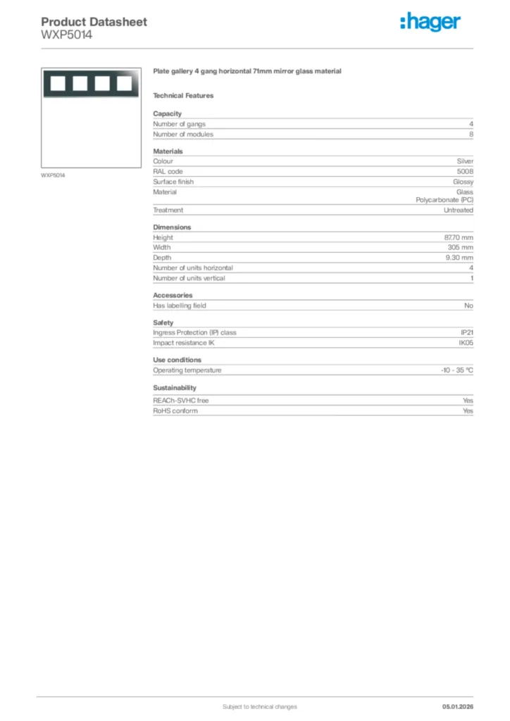 Image Hager Product data sheet WXP5014  | Hager Africa