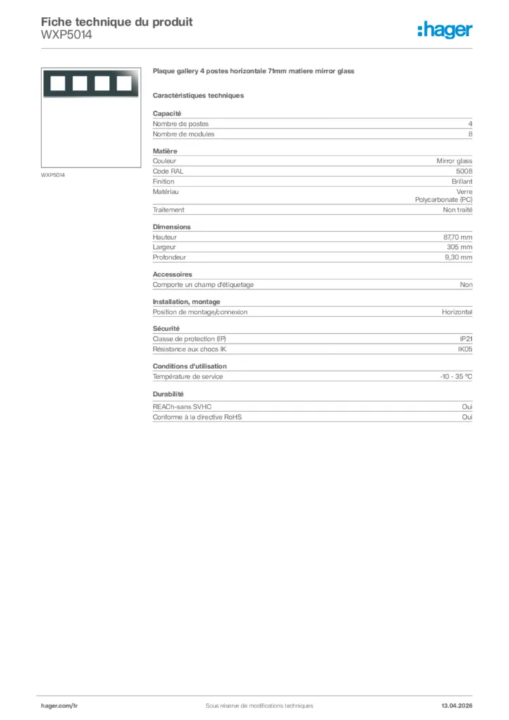 Image Hager Fiche technique du produit WXP5014 | Hager France