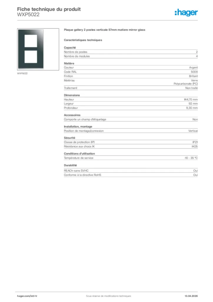 Image Hager Fiche technique du produit WXP5022 | Hager Afrique