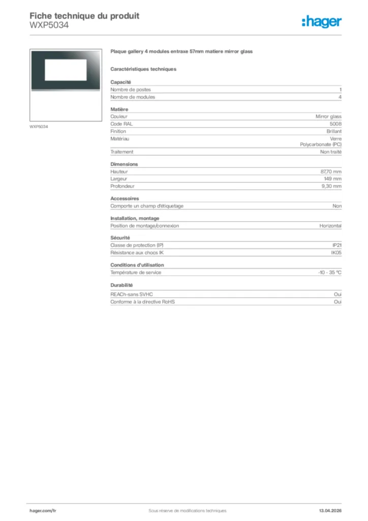 Image Hager Fiche technique du produit WXP5034 | Hager France