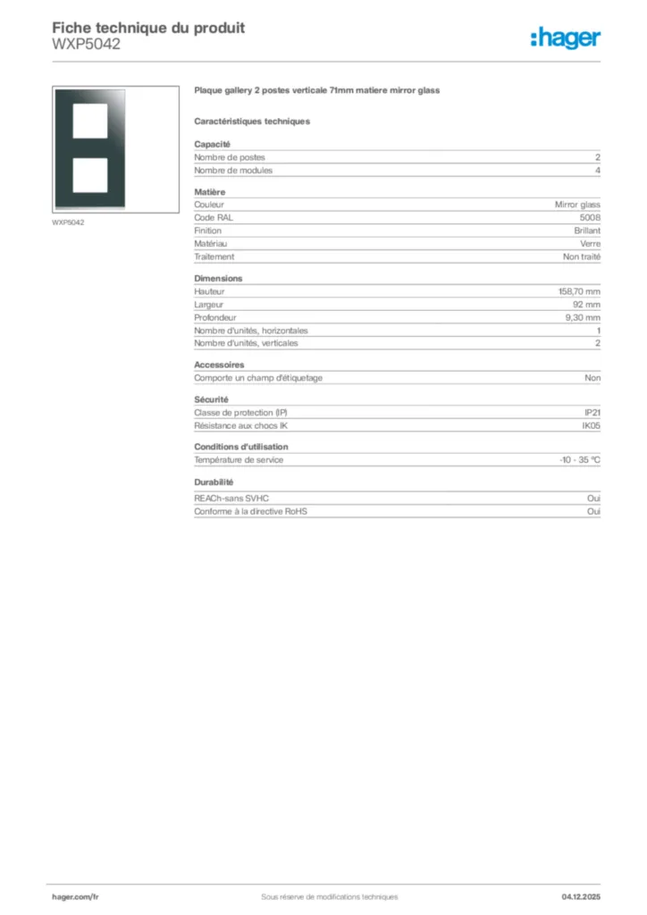 Image Hager Fiche technique du produit WXP5042 | Hager France