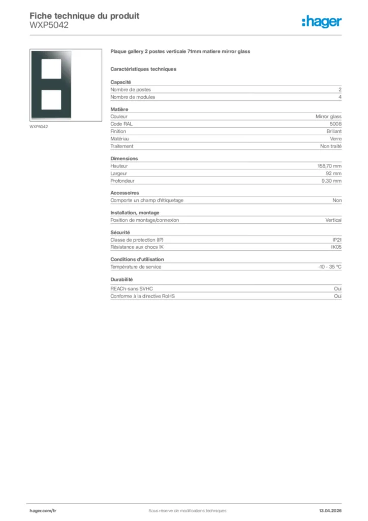 Image Hager Fiche technique du produit WXP5042 | Hager France