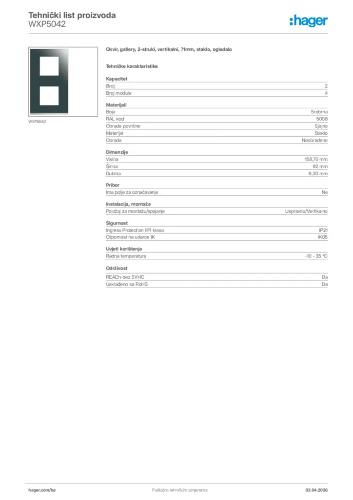 Slika Hager Tehnički list proizvoda WXP5042  | Hager