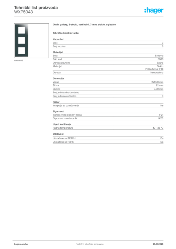 Slika Hager Product data sheet WXP5043  | Hager