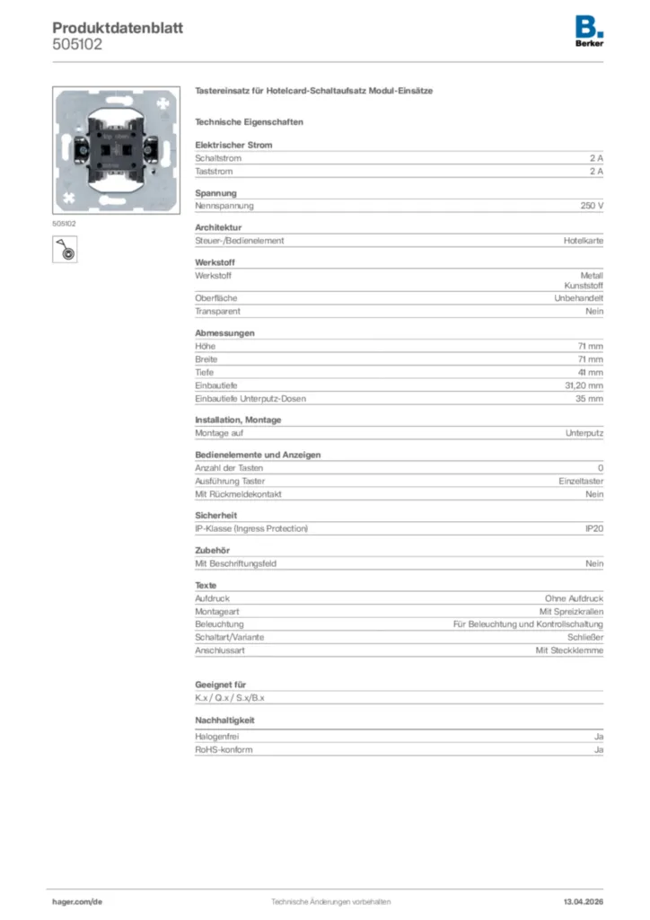 Bild Berker Produktdatenblatt 505102 | Hager Deutschland
