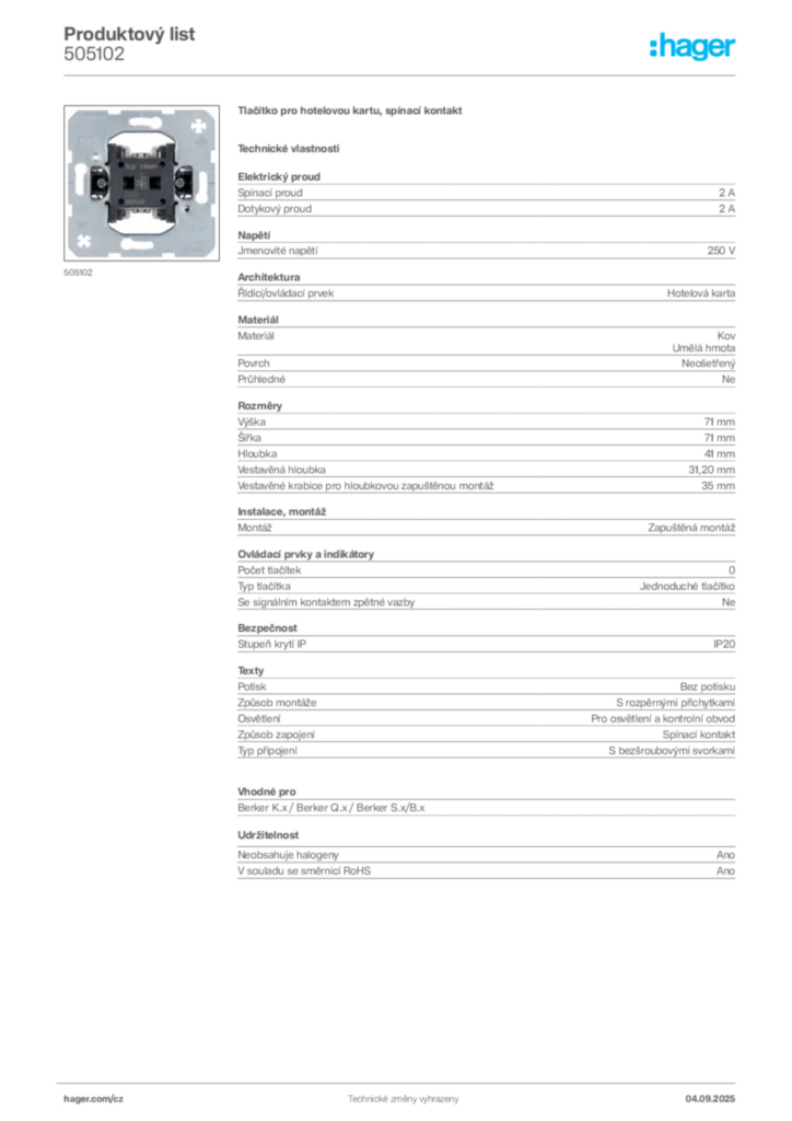 Obrázek Hager Produktový list 505102 | Hager