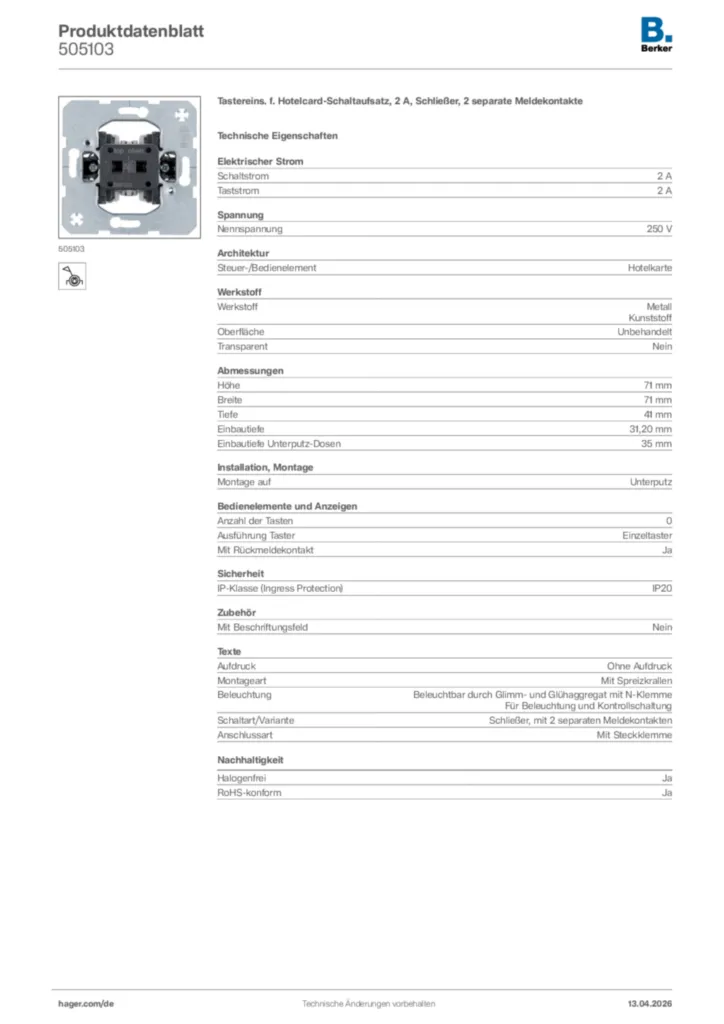 Bild Berker Produktdatenblatt 505103 | Hager Deutschland