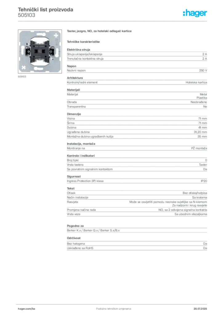 Slika Hager Product data sheet 505103  | Hager