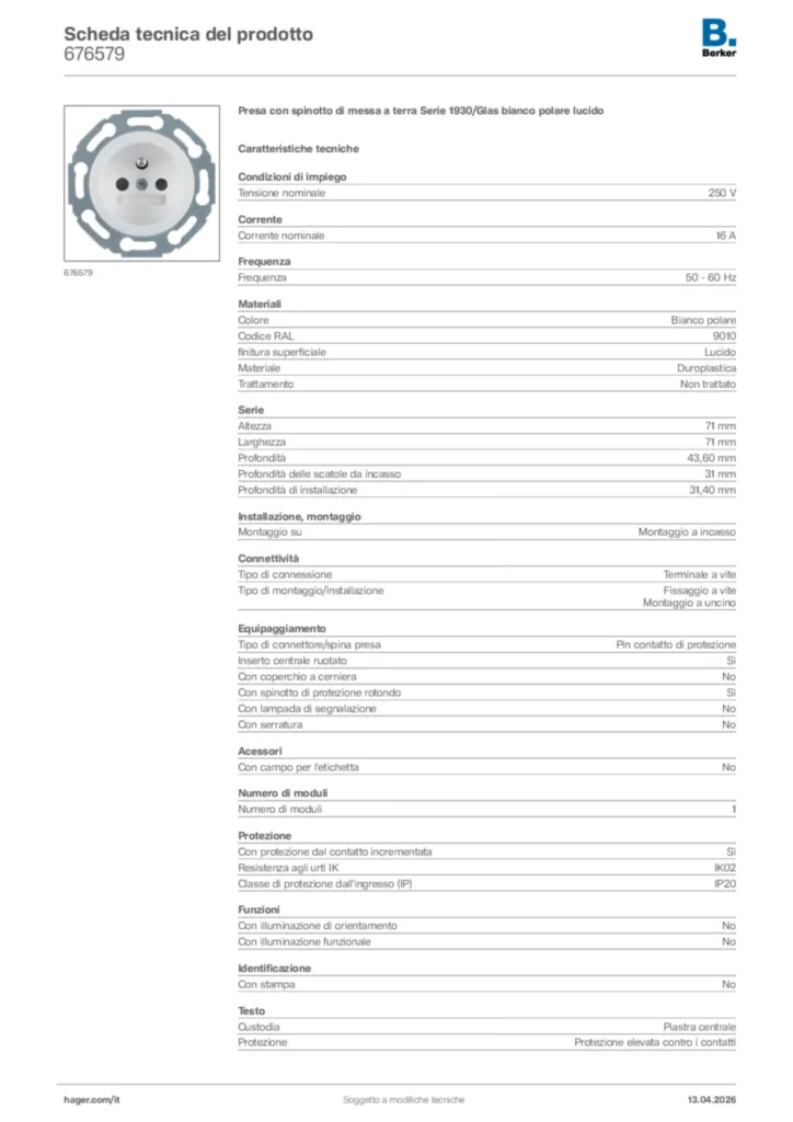 Immagine Berker Scheda tecnica del prodotto 676579 | Hager Italia