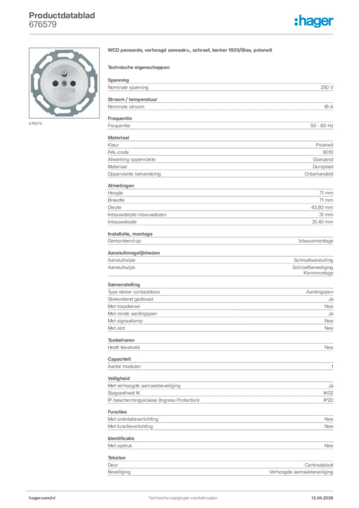Afbeelding Hager Productdatablad 676579 | Hager Nederland