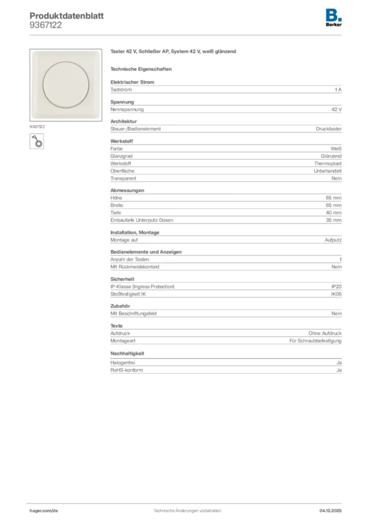 Bild Berker Produktdatenblatt 9367122 | Hager Deutschland