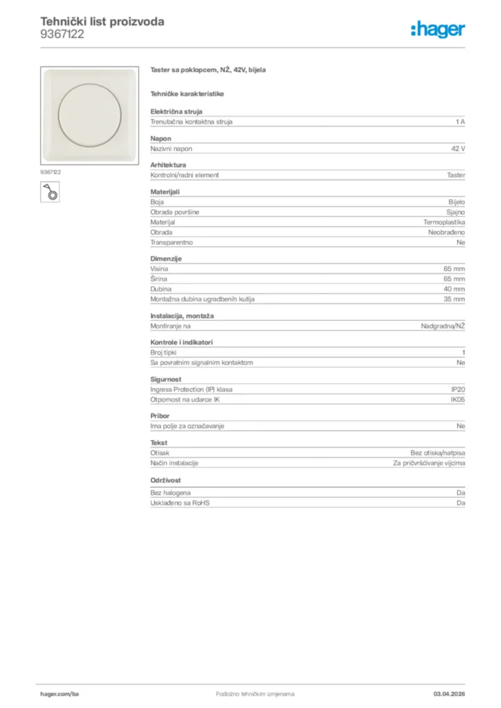 Slika Hager Tehnički list proizvoda 9367122  | Hager