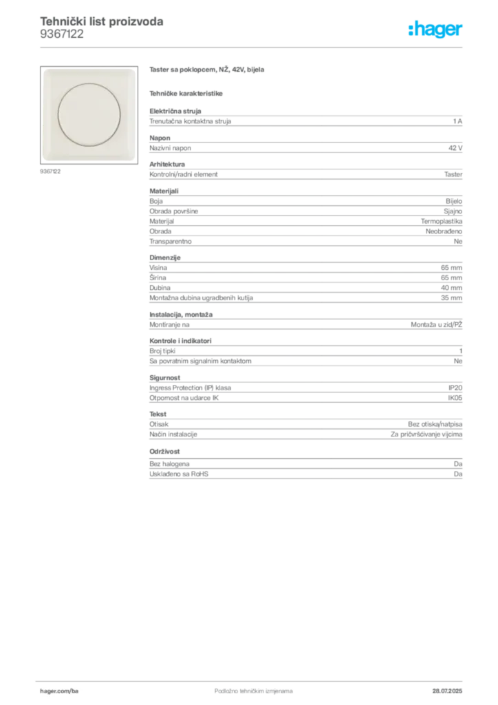 Slika Hager Product data sheet 9367122  | Hager