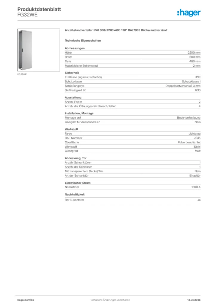 Bild Hager Produktdatenblatt FG32WE | Hager Deutschland