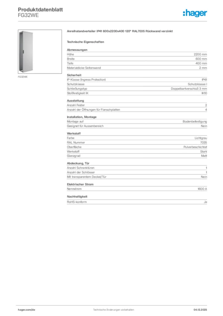 Bild Hager Produktdatenblatt FG32WE | Hager Deutschland