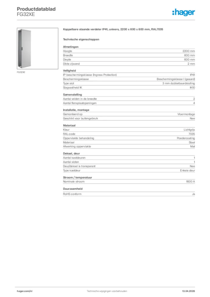 Afbeelding Hager Productdatablad FG32XE | Hager Nederland