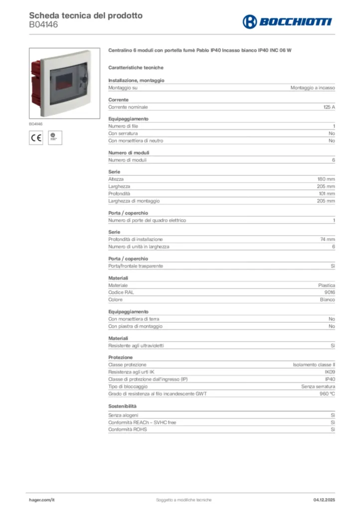 Immagine Bocchiotti Scheda tecnica del prodotto B04146 | Hager Italia