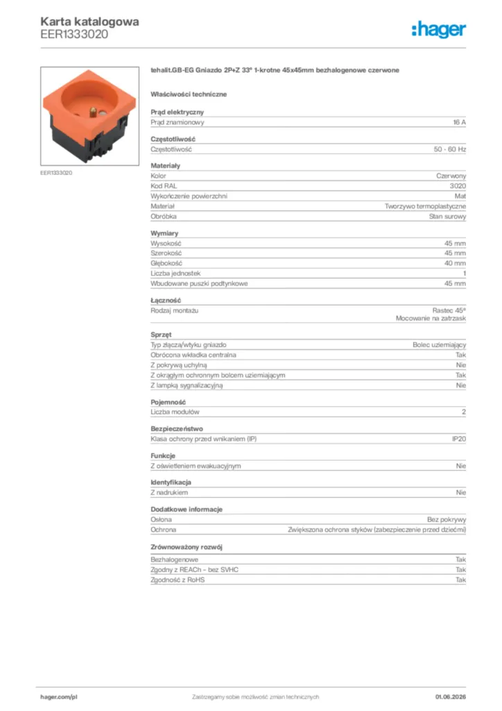 Zdjęcie Hager Karta katalogowa EER1333020 | Hager Polska