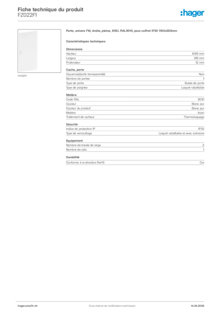 Image Hager Fiche technique du produit FZ022F1 | Hager Suisse