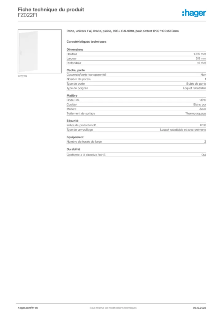 Image Hager Fiche technique du produit FZ022F1 | Hager Suisse