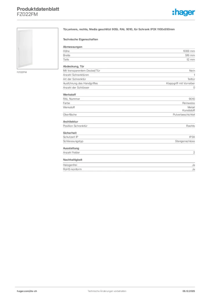 Bild Hager Produktdatenblatt FZ022FM | Hager Schweiz
