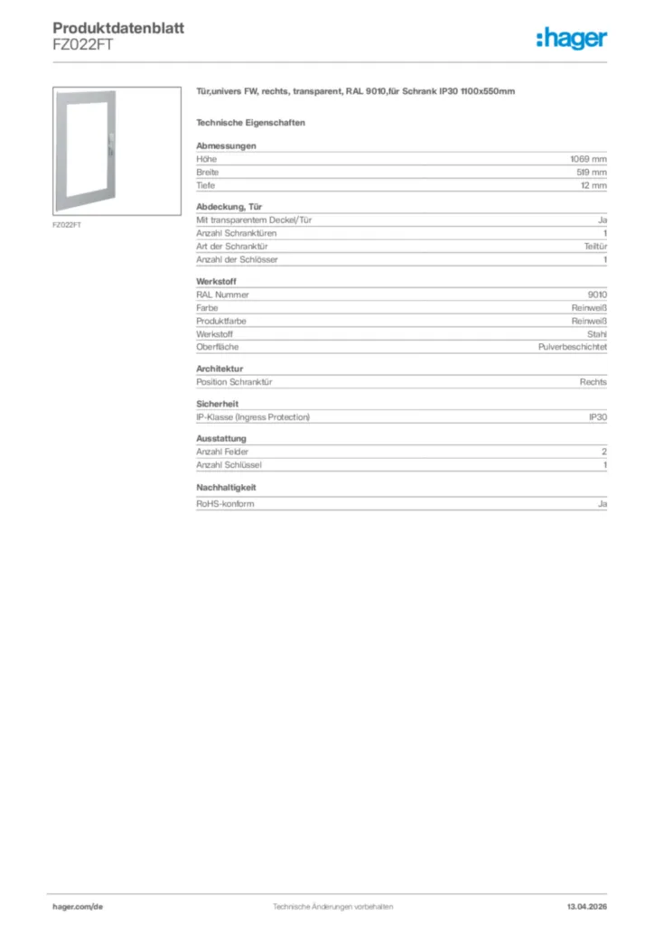 Bild Hager Produktdatenblatt FZ022FT | Hager Deutschland