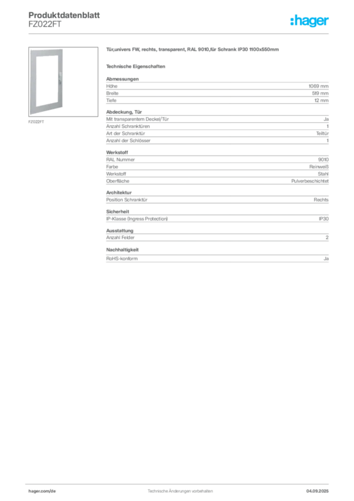 Bild Hager Produktdatenblatt FZ022FT | Hager Deutschland