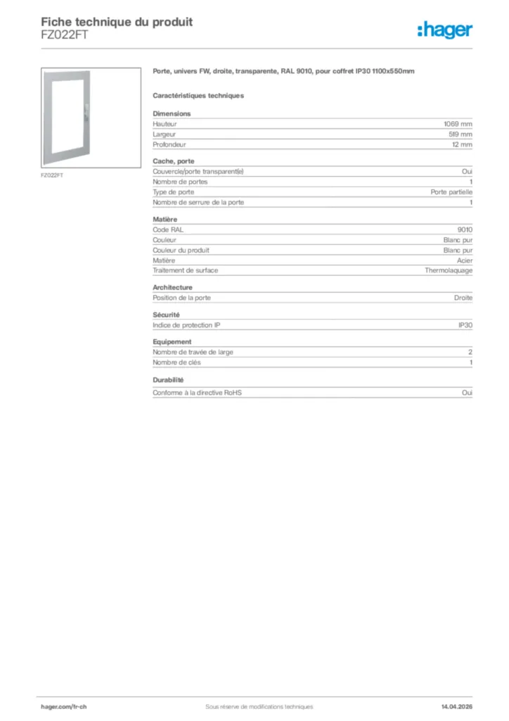 Image Hager Fiche technique du produit FZ022FT | Hager Suisse