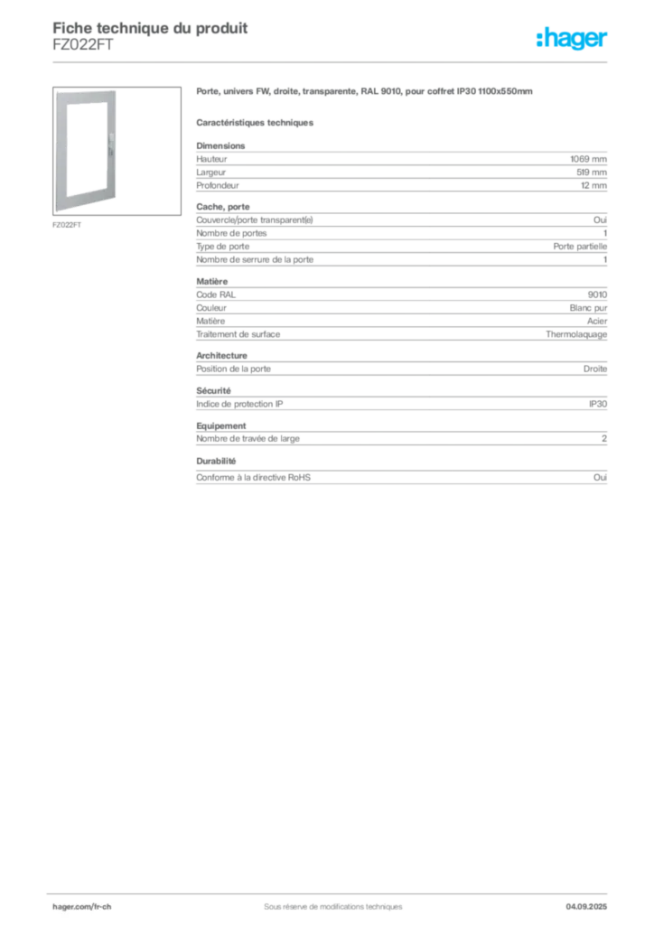 Image Hager Fiche technique du produit FZ022FT | Hager Suisse