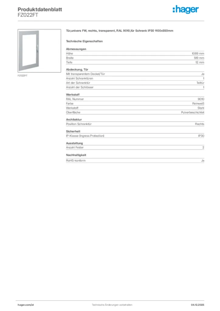 Bild Hager Produktdatenblatt FZ022FT | Hager Deutschland