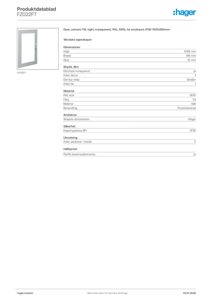 Bild Hager Produktdatablad FZ022FT | Hager Sverige