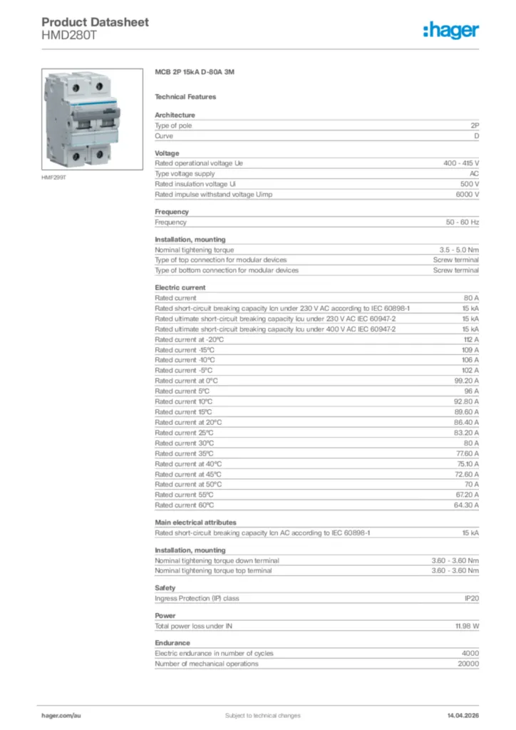 Image Hager Product data sheet HMD280T  | Hager Australia