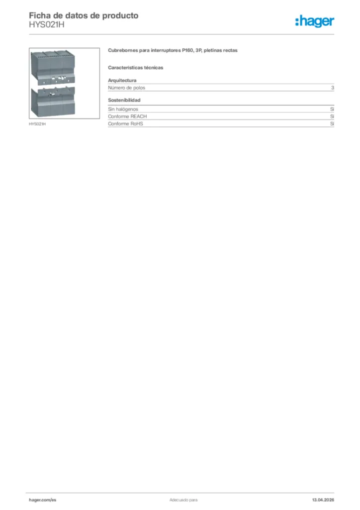 Imagen Hager Ficha de datos de producto HYS021H | Hager España