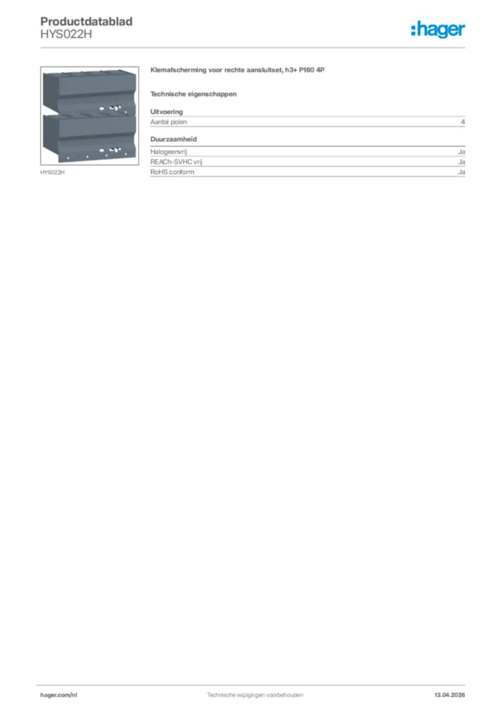 Afbeelding Hager Productdatablad HYS022H | Hager Nederland