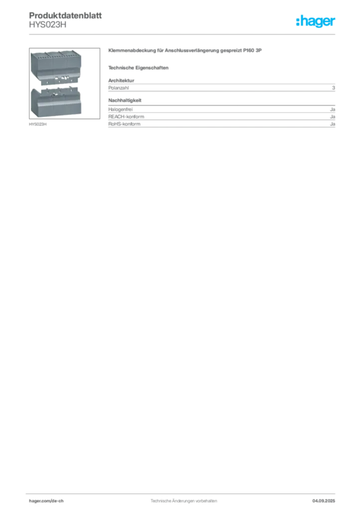 Bild Hager Produktdatenblatt HYS023H | Hager Schweiz
