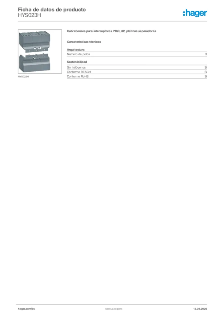 Imagen Hager Ficha de datos de producto HYS023H | Hager España