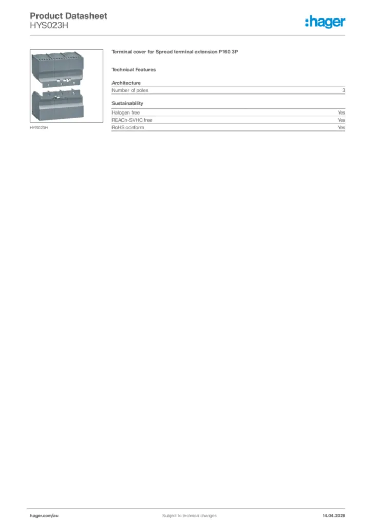 Image Hager Product data sheet HYS023H  | Hager Australia