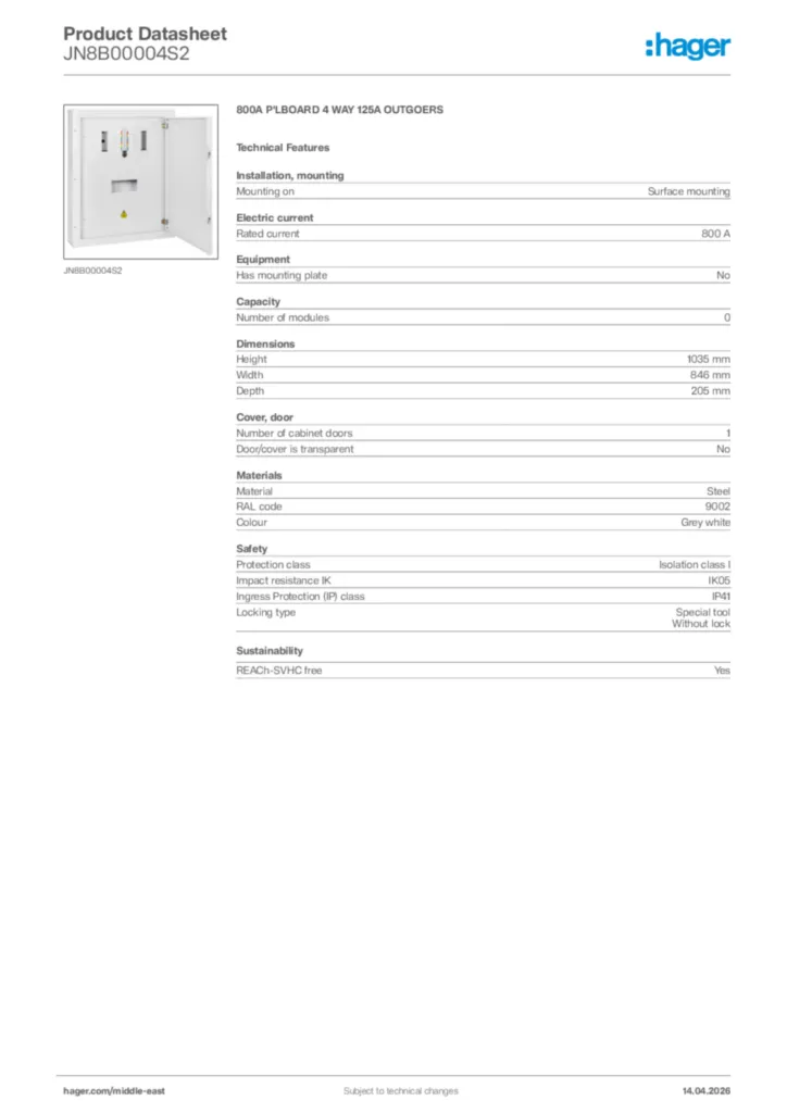 Image Hager Product data sheet JN8B00004S2  | Hager