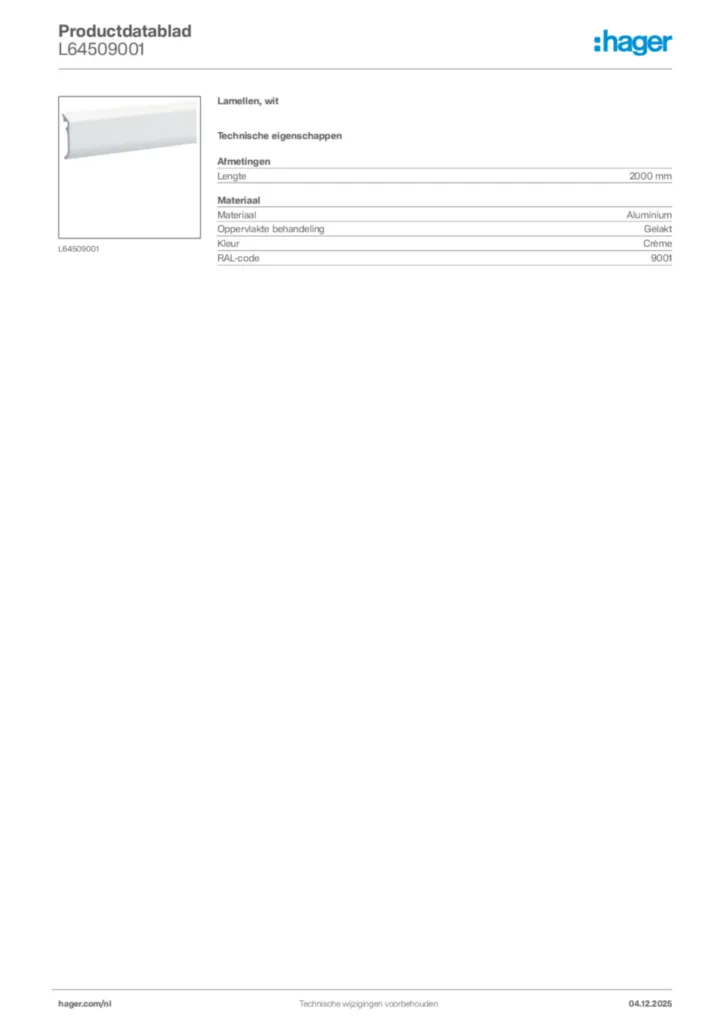 Afbeelding Hager Productdatablad L64509001 | Hager Nederland