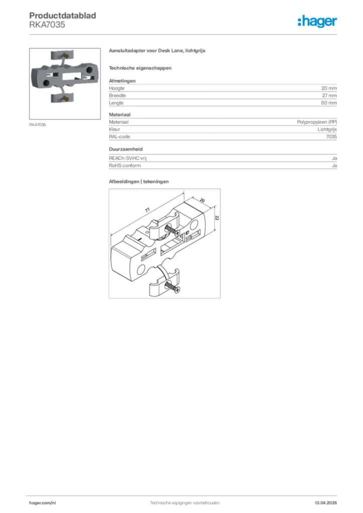 Afbeelding Hager Productdatablad RKA7035 | Hager Nederland