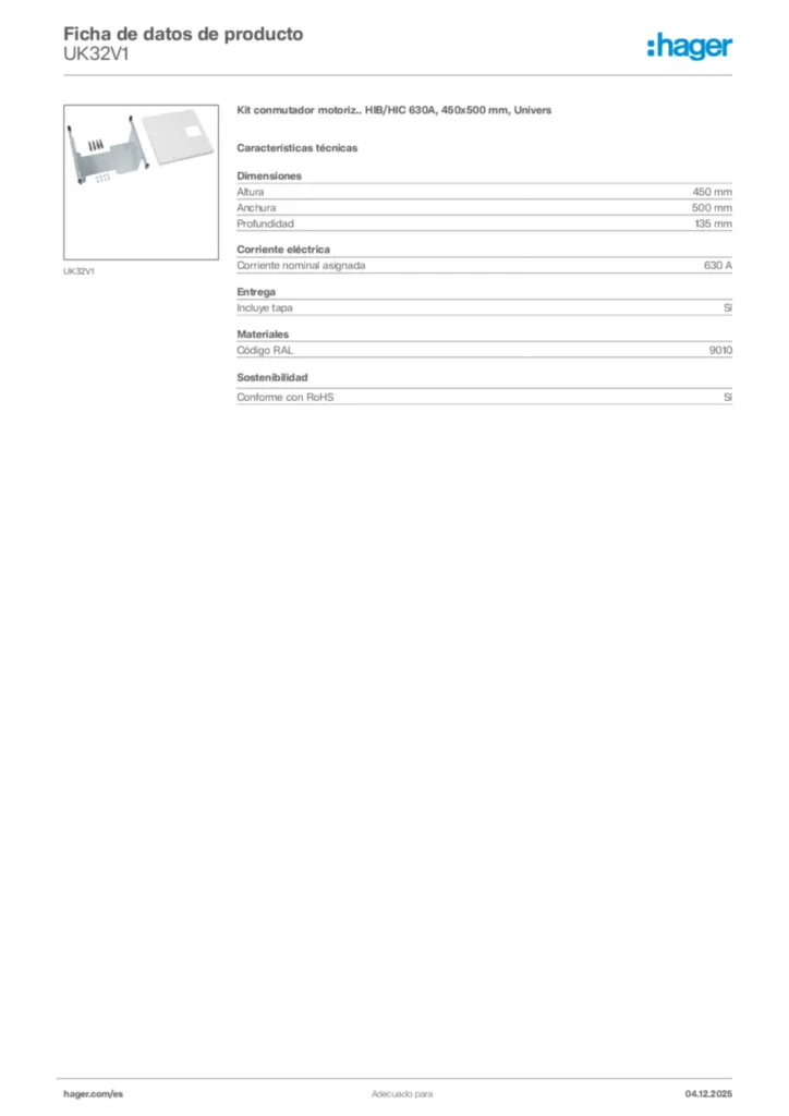 Imagen Hager Ficha de datos de producto UK32V1 | Hager España